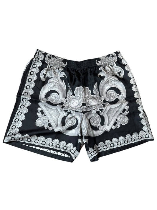 Shorts Versace in seta stampa barocca nero e argento, nuovi con cartellino