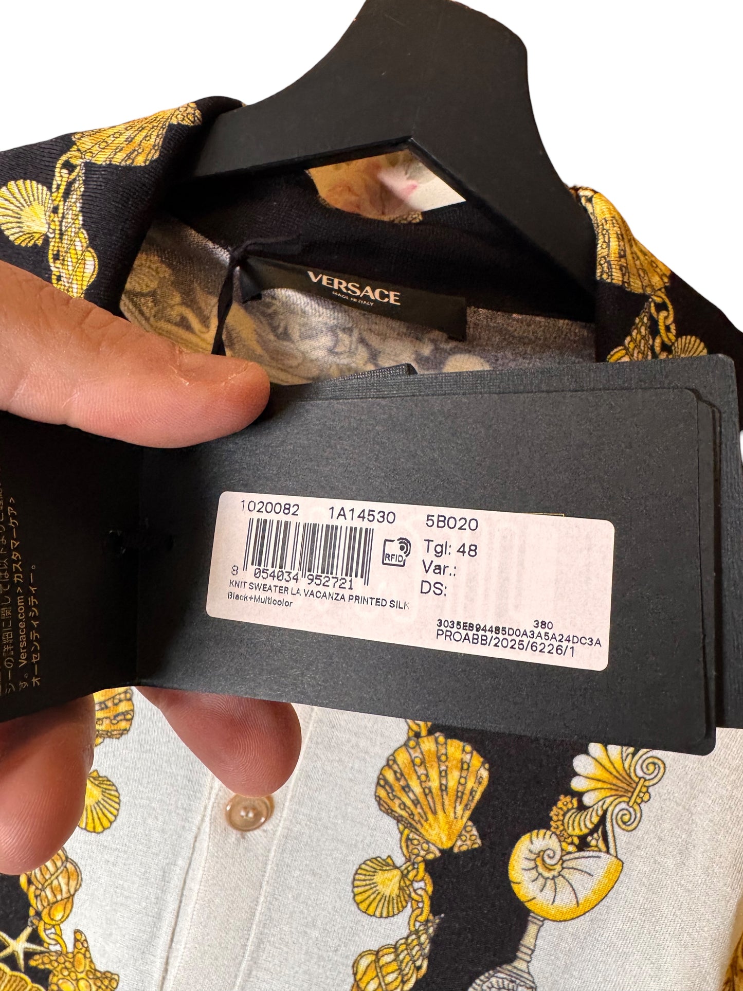 Camicia Versace in seta a maglia stampa barocca marina Made in Italy