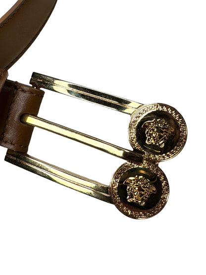 Cintura Versace marrone in pelle con doppia Medusa oro, misura 80