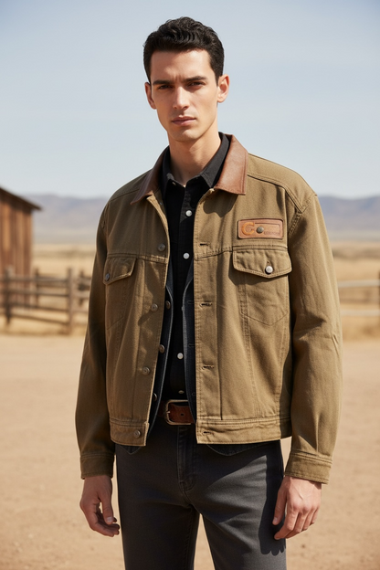 Giacca Camel Collection in cotone imbottita con colletto in pelle vintage