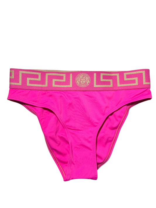Costume da bagno donna VERSACE fucsia – Slip con fascia Greca dorata – Taglia 1