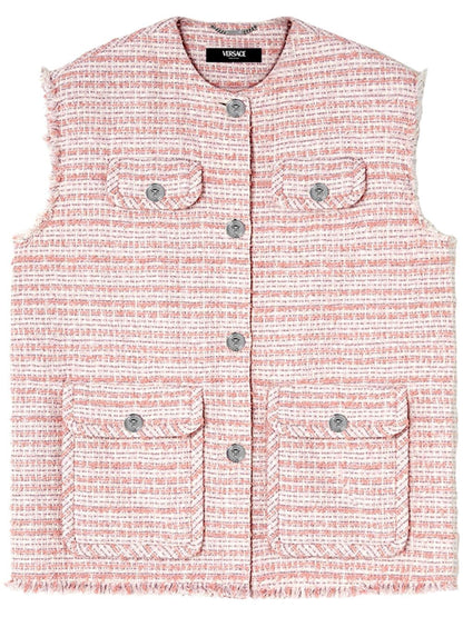 Gilet Versace tweed rosa crema con bottoni Medusa taglia 42