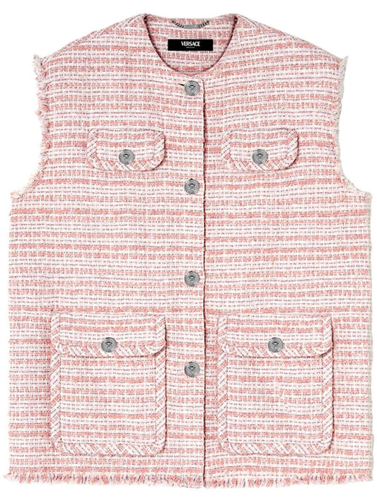 Gilet Versace tweed rosa crema con bottoni Medusa taglia 42