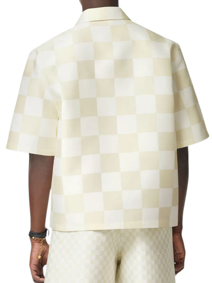 Polo Versace a scacchi misto seta duchesse, Made in Italy, nuova