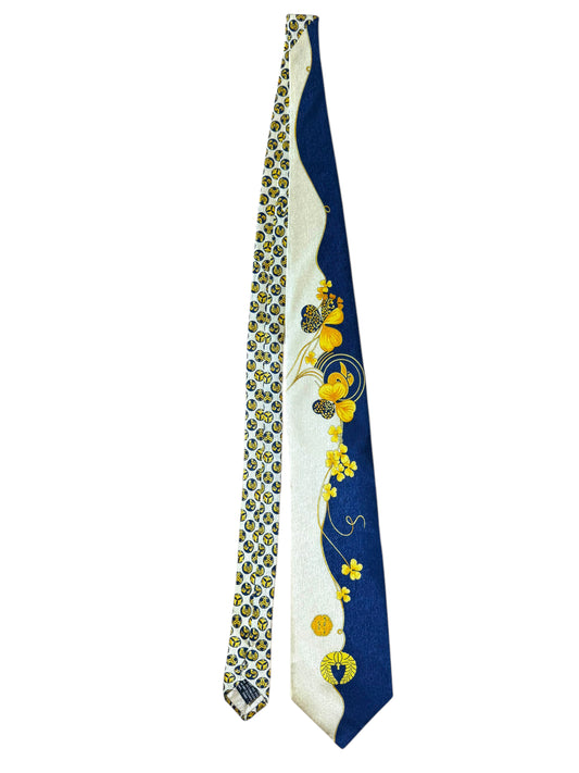 Cravatta Vintage Gianni Versace in Seta – Motivo Giapponese Blu Crema con Lanterne