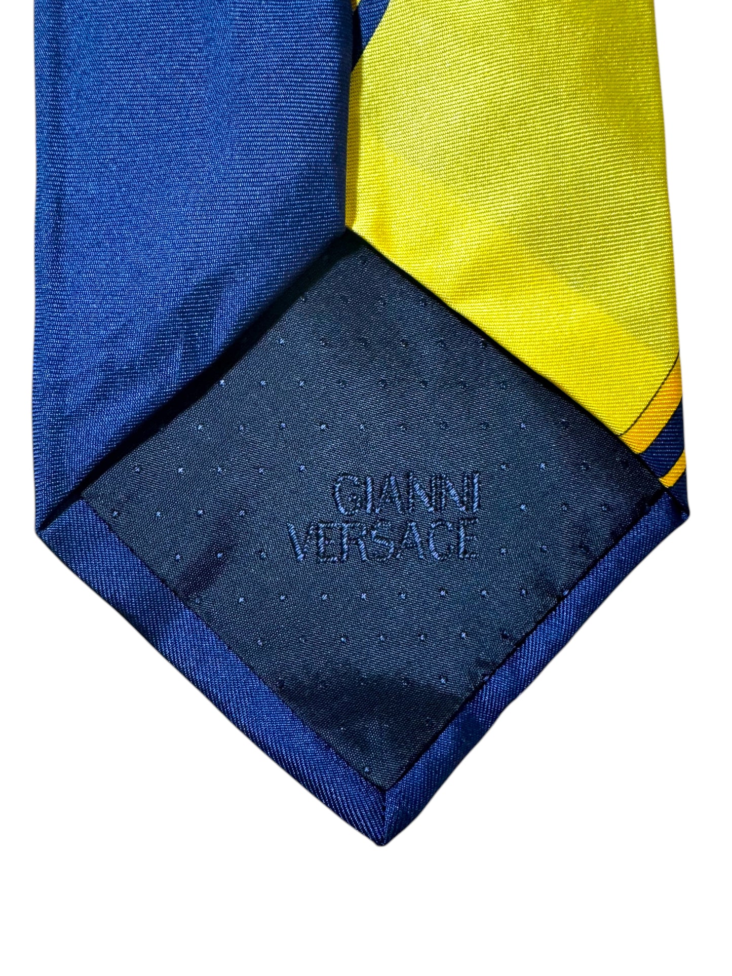 Cravatta Gianni Versace Vintage in Seta – Floreale Giallo e Blu con Scritte Giapponesi
