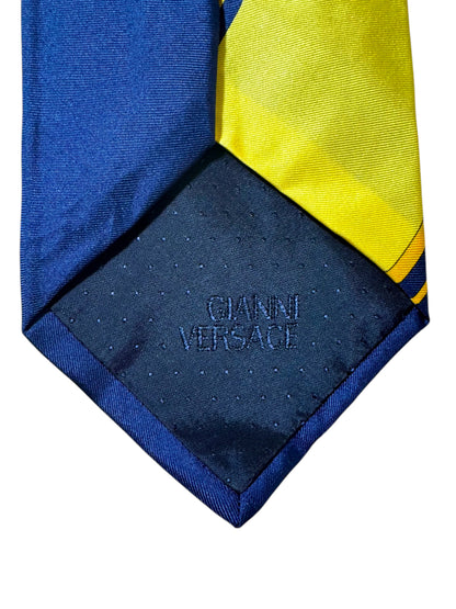 Cravatta Gianni Versace Vintage in Seta – Floreale Giallo e Blu con Scritte Giapponesi
