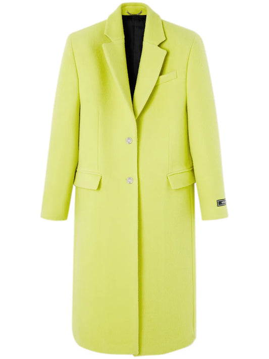 Cappotto lungo Versace giallo fluo in lana con bottoni argento