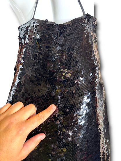 Abito lungo Gucci in seta con paillettes nere e dettagli cuore Made In Italy