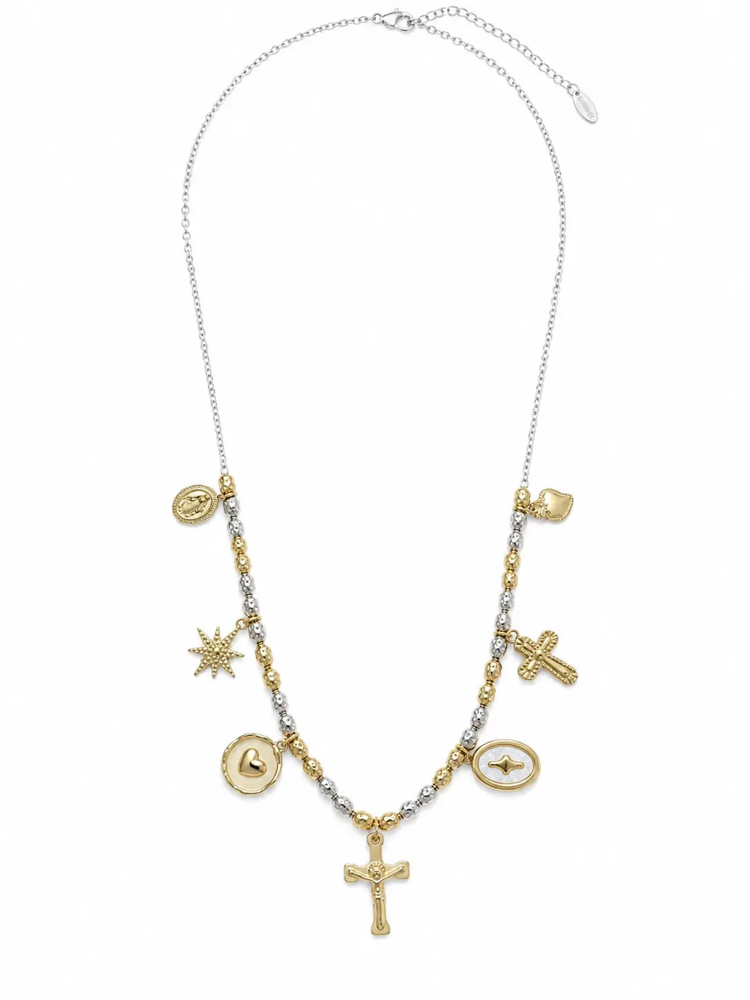 Collana bicolore con croce e charms portafortuna