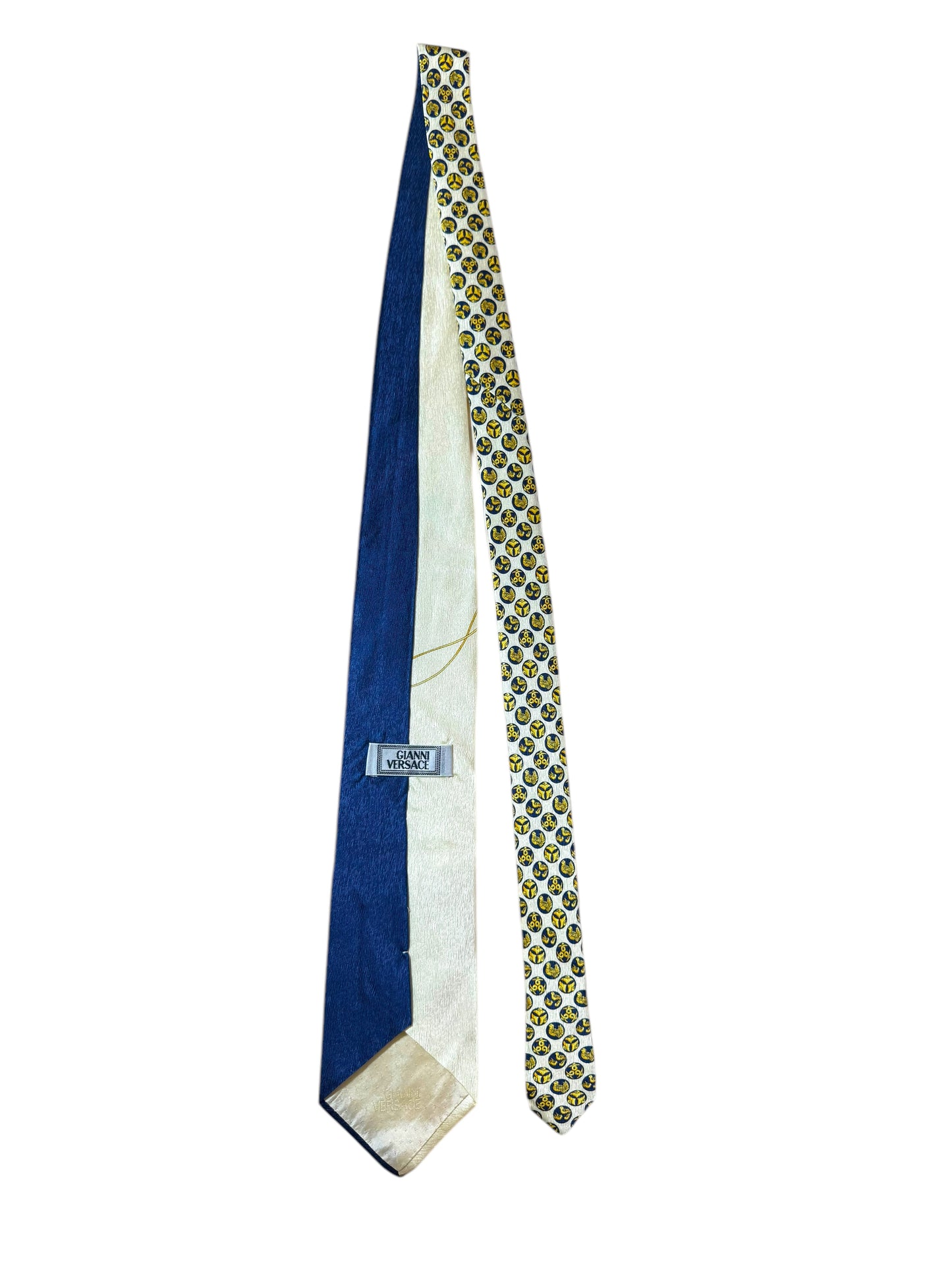 Cravatta Vintage Gianni Versace in Seta – Motivo Giapponese Blu Crema con Lanterne