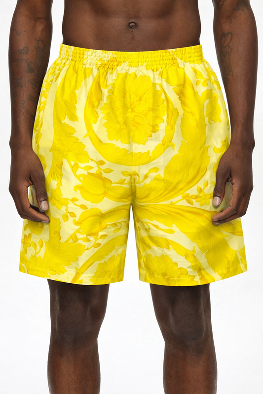 Shorts Versace in seta gialla stampa barocca, nuovi con cartellino