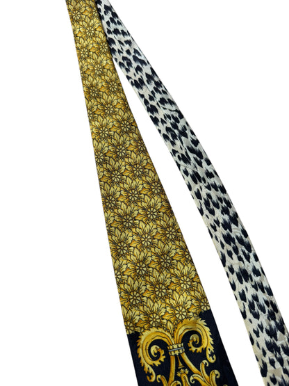 Cravatta Gianni Versace vintage seta nera oro con Medusa e motivo leopardato