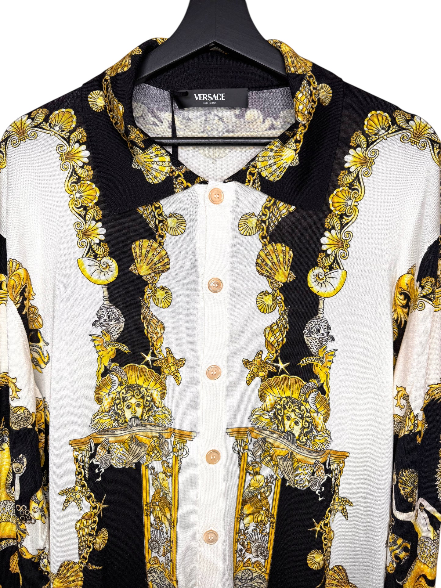 Camicia Versace in seta a maglia stampa barocca marina Made in Italy