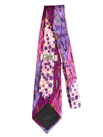 Gianni Versace cravatta vintage seta fantasia geometrica rosa viola Made in Italy