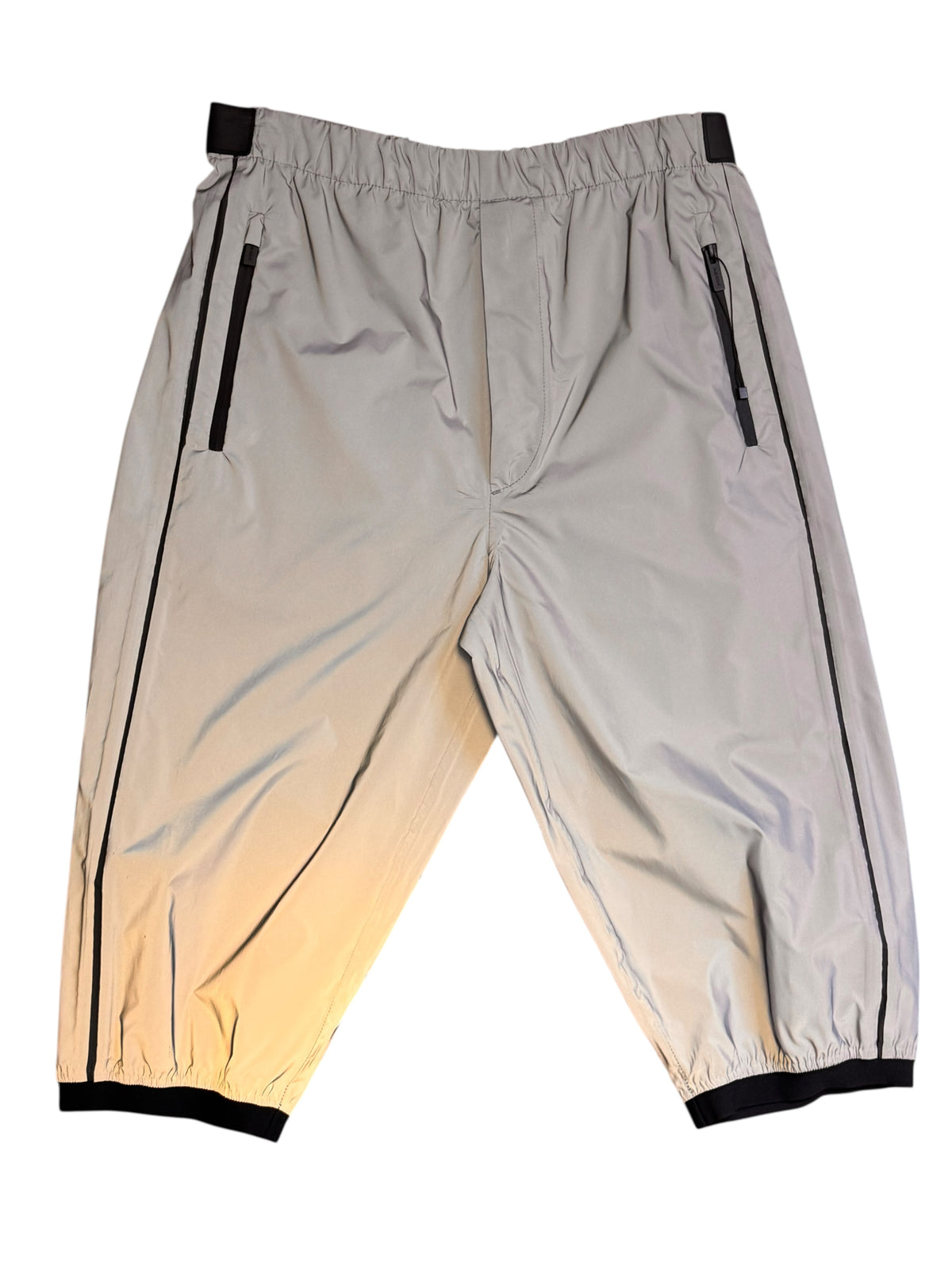 Prada pantaloni sportivi nylon grigio bande nere logo rosso tg 48