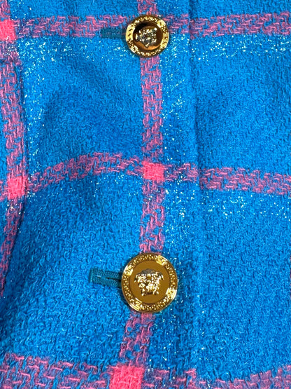 Giacca Versace lana lurex quadri Medusa blu rosa nuova taglia 50
