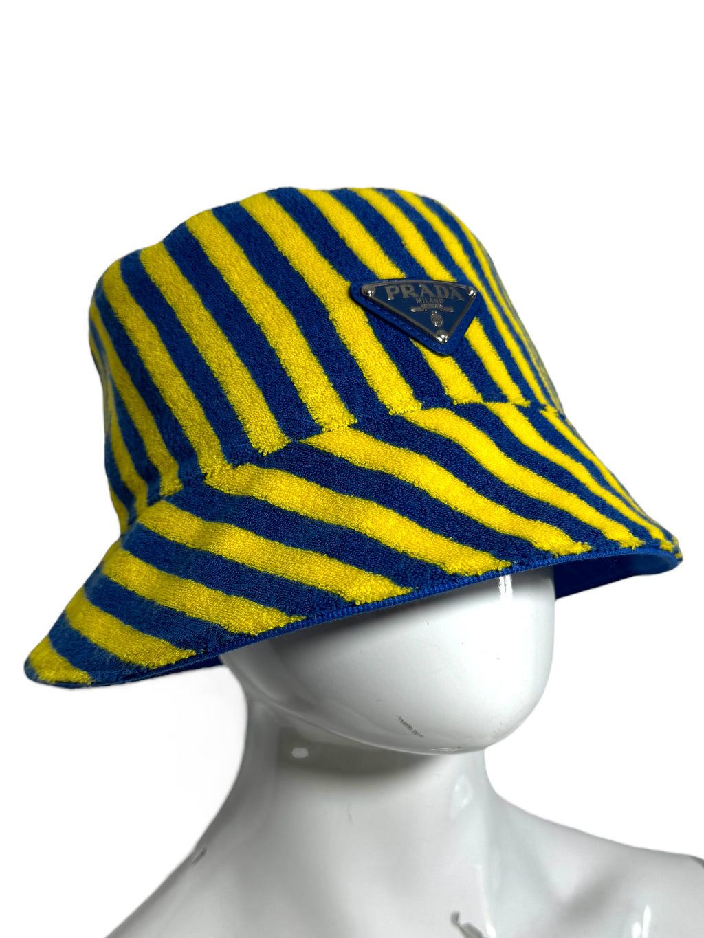 Prada cappello bucket in spugna rigata blu e giallo con logo triangolo — foto 3