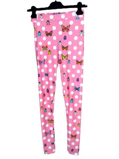 Leggings Versace Donna Tg. 38 – Fantasia Pois Rosa con Farfalle e Coccinelle – Made in Italy