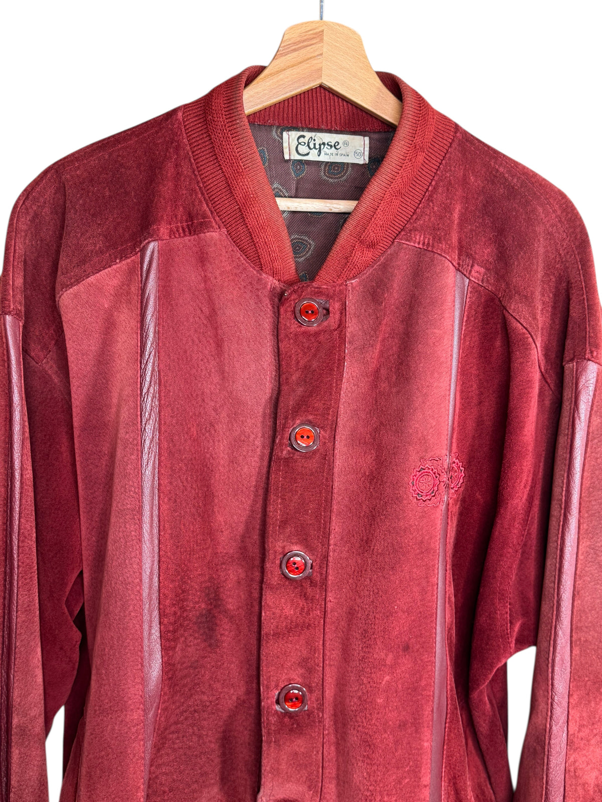 Giacca vintage Eclipse velluto bordeaux pelle inserti ricamo Made in Spain — foto 3