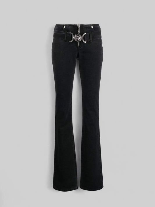 Jeans VERSACE Donna Tg 25 – Modello Flare Vita Bassa Nero con Medusa