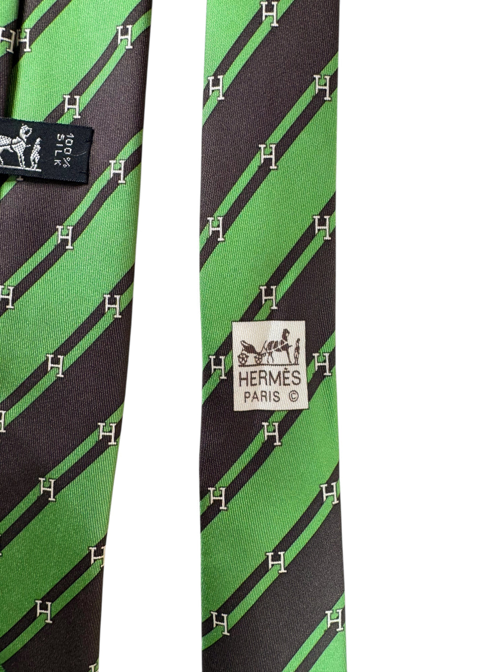 Cravatta Hermès Paris Vintage in Seta – Righe Diagonali Verde/Nero – Logo “H” – Made in France — foto 6
