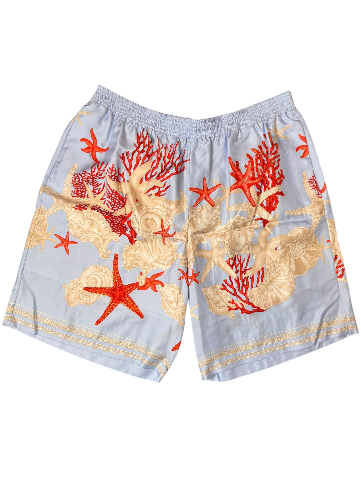 Shorts Versace in seta stampa marina azzurro, nuovi con cartellino