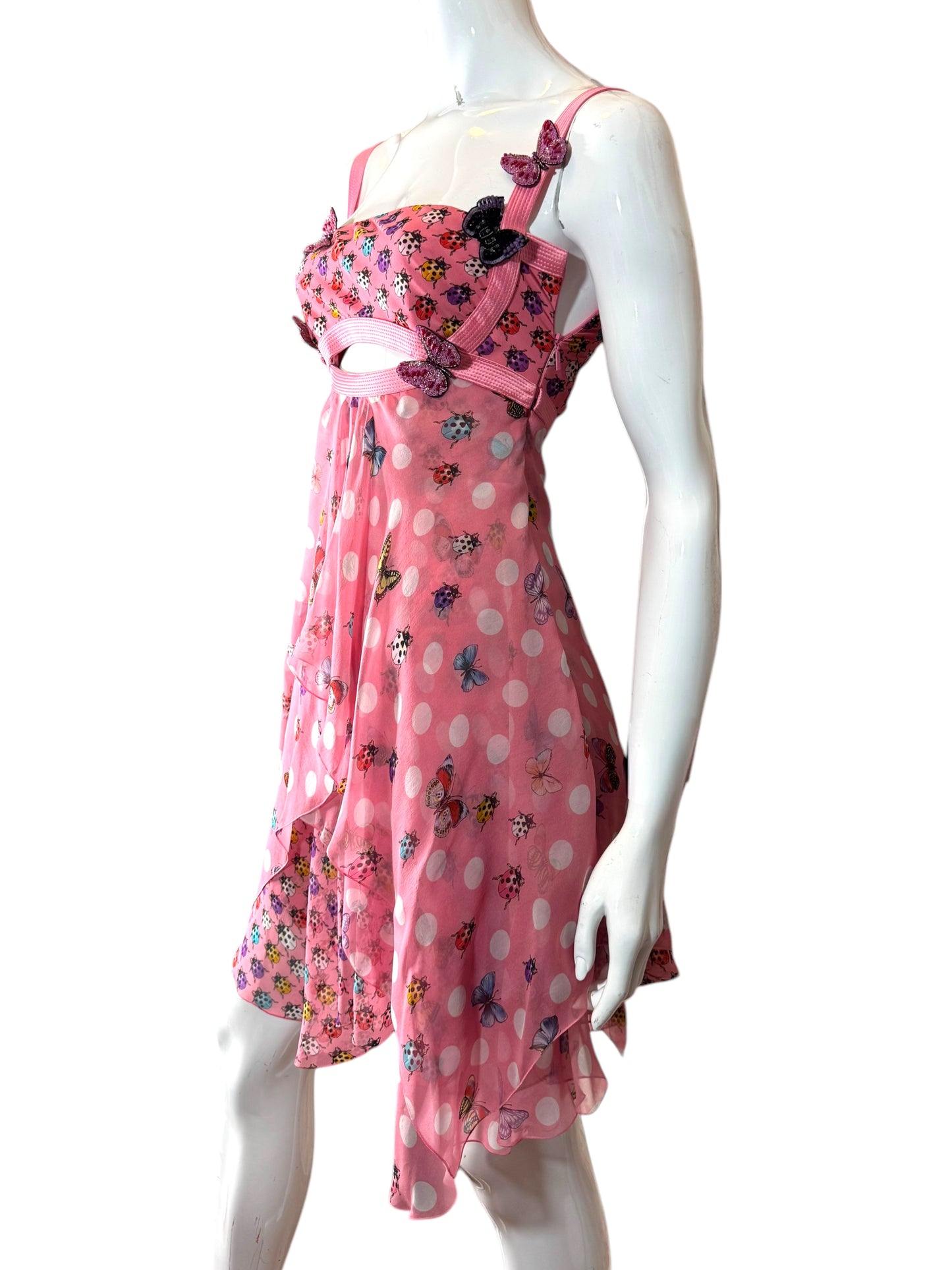 Versace Abito Seta Rosa Farfalle e Coccinelle