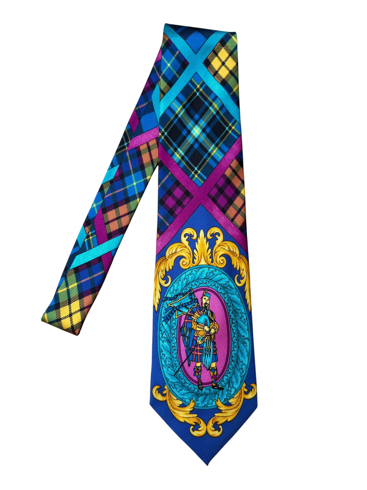 Cravatta Versus Gianni Versace Vintage Seta Fantasia Scozzese Multicolor
