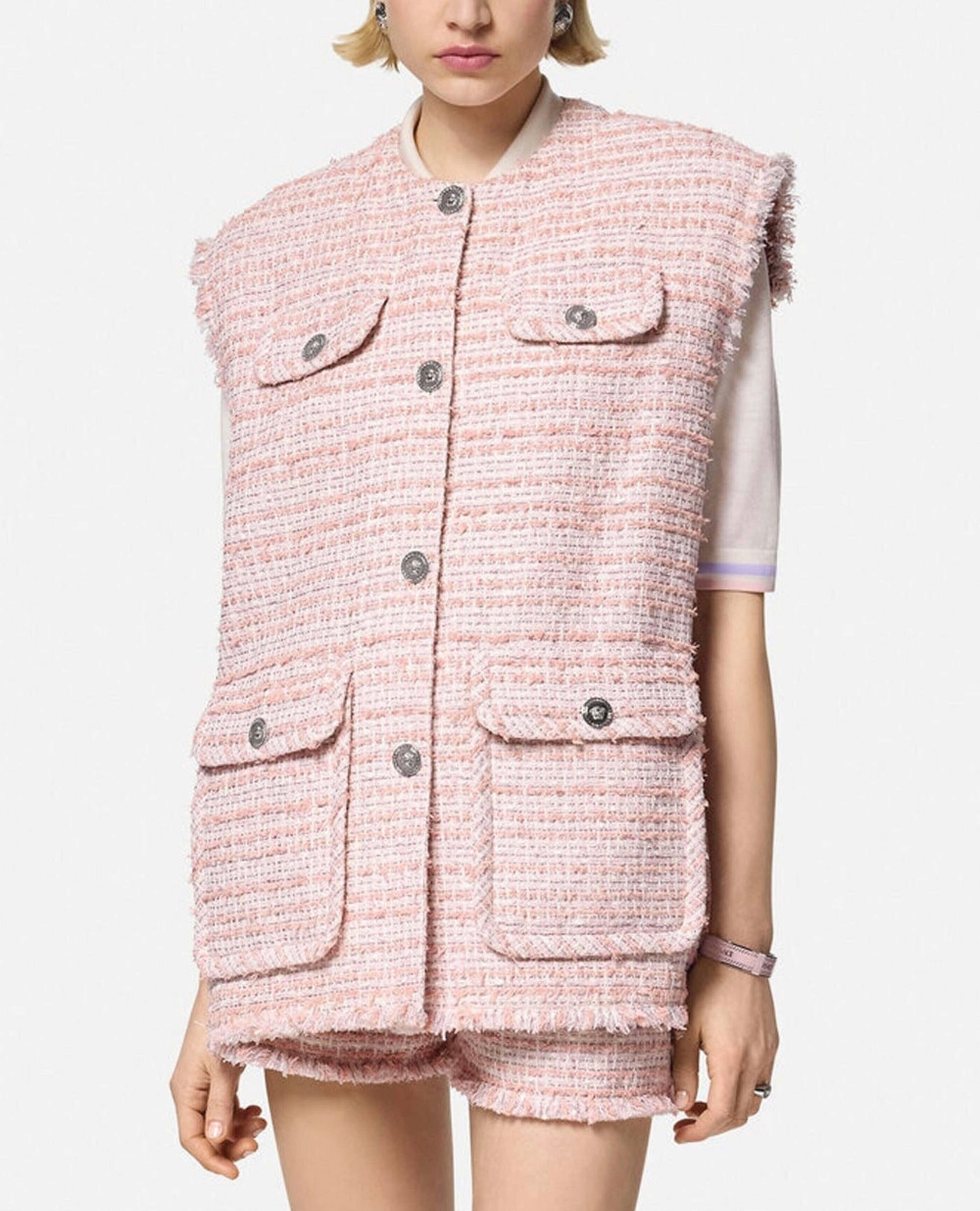 Gilet Versace tweed rosa crema con bottoni Medusa taglia 42 — foto 2