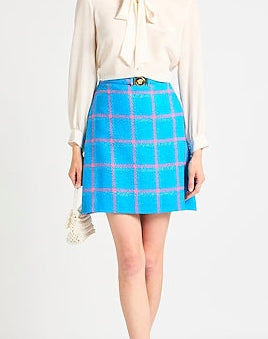 Versace Gonna in Lana Vergine Check Blu con fibbia Medusa Oro