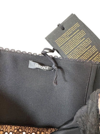 Versace Bra Top in Seta Twill Holiday Print con Pizzo Nero Made in Italy