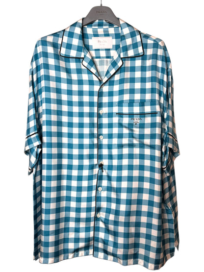 Prada camicia seta fantasia check azzurro bianco logo ricamato L
