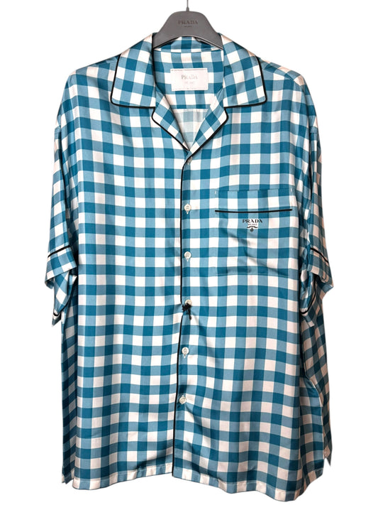 Prada camicia seta fantasia check azzurro bianco logo ricamato L