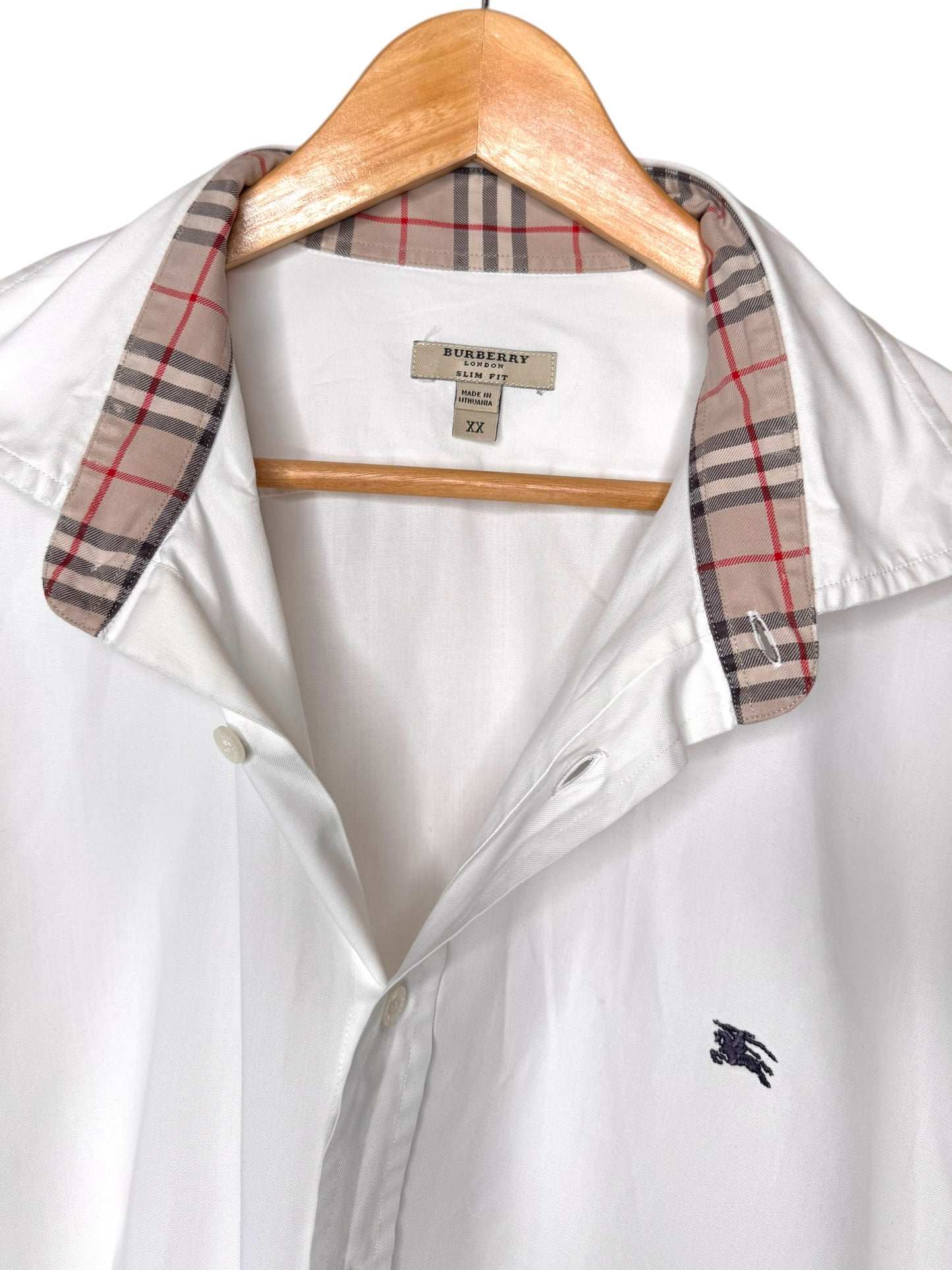 Camicia Burberry London Slim Fit bianca con dettagli check, taglia XXL