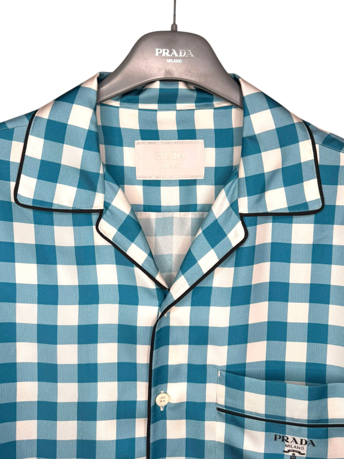 Prada camicia seta fantasia check azzurro bianco logo ricamato L — foto 5