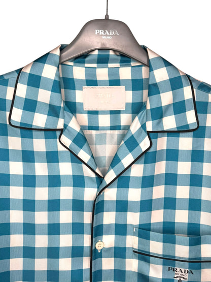 Prada camicia seta fantasia check azzurro bianco logo ricamato L — foto 5