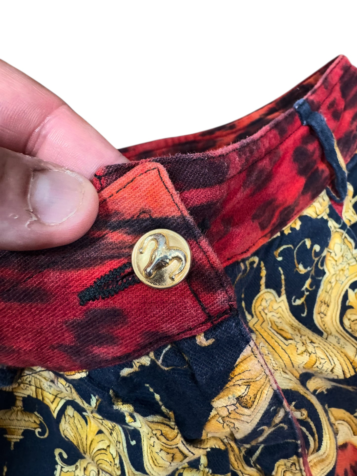 Pantaloni vintage Gianni Versace “Istante” tg 44 stampa barocca e animalier
