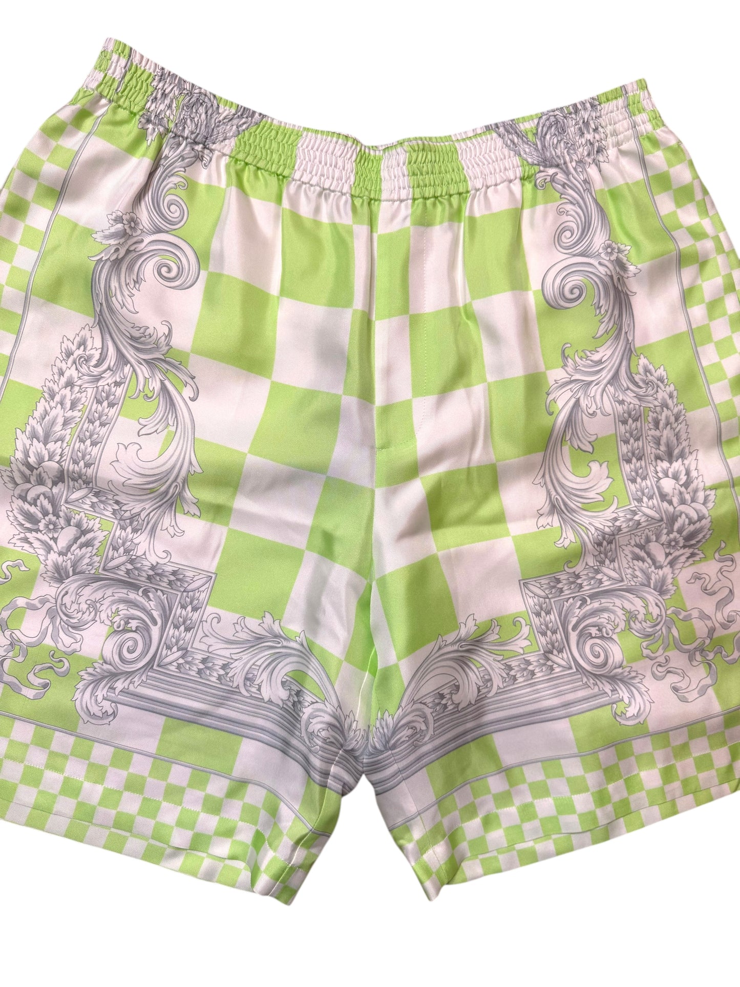 Shorts Versace in seta stampata verde, nuovi con cartellino, Made in Italy
