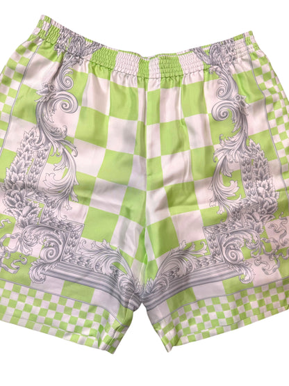 Shorts Versace in seta stampata verde, nuovi con cartellino, Made in Italy