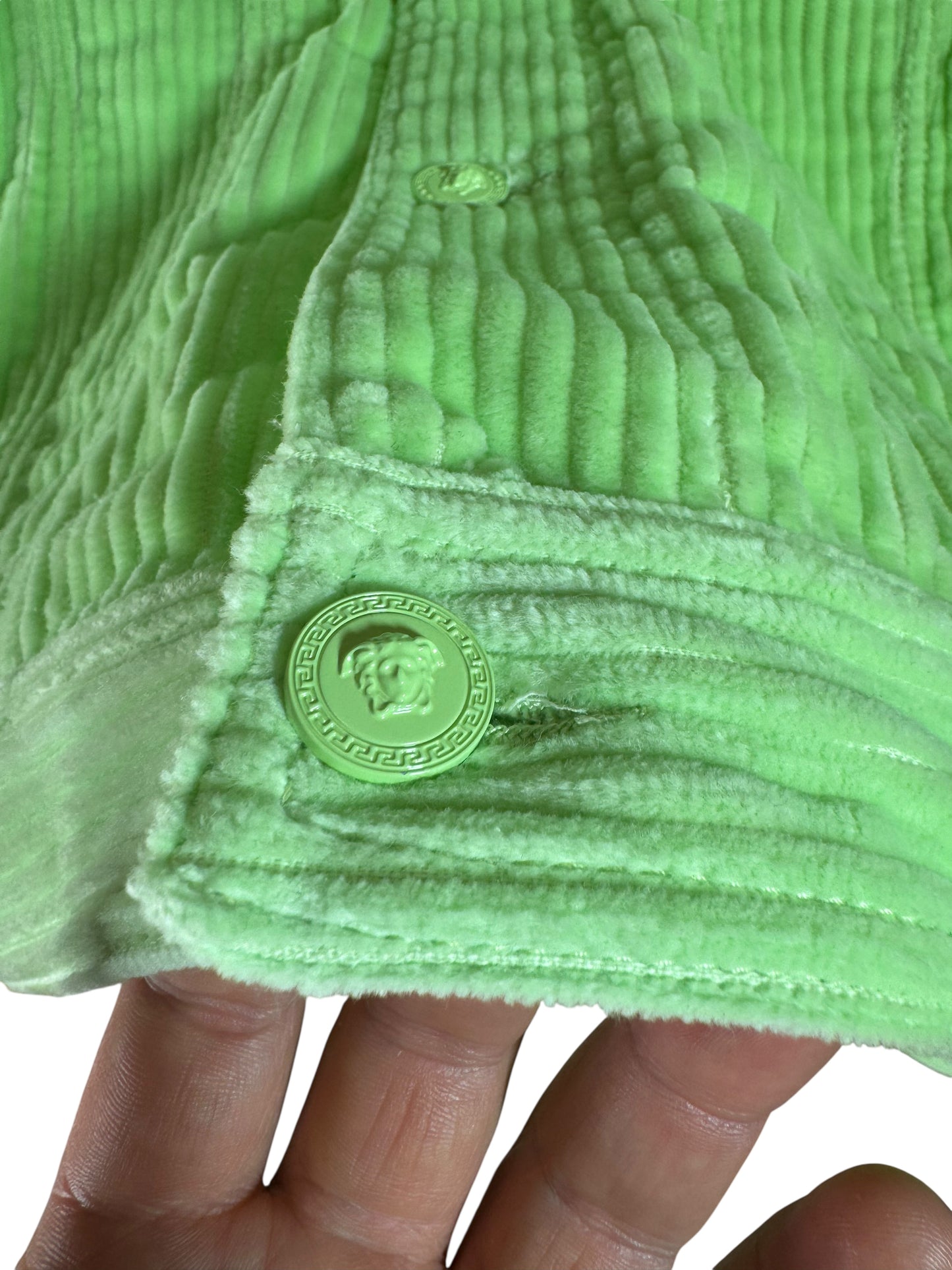 Versace completo giacca e pantaloni in velluto a coste verde lime Made In Italy.