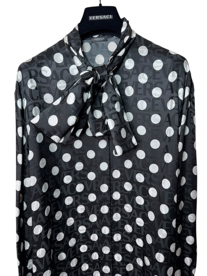 Camicia Versace pois con fiocco e logo jacquard nero bianco TG 38