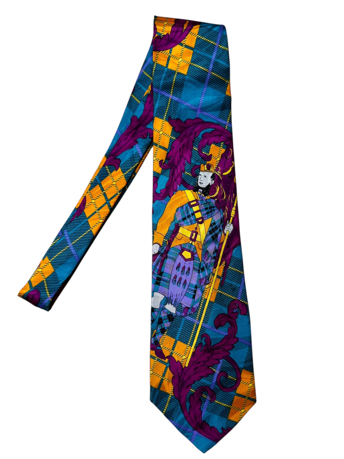 Cravatta Gianni Versace Vintage Seta Tartan Scozzese con Figura Multicolor