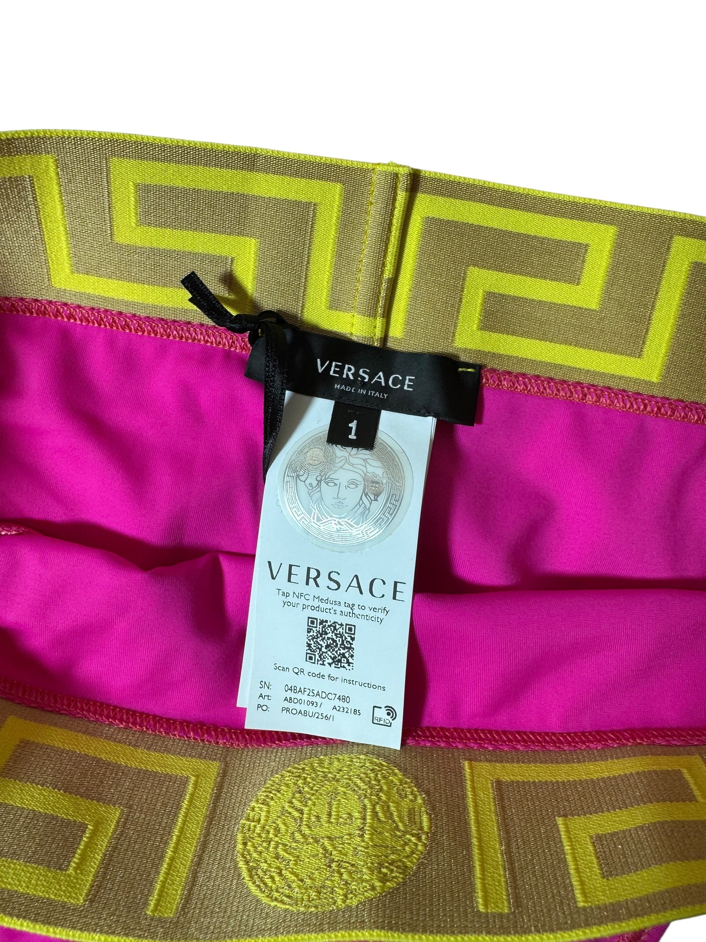 Slip bikini donna Versace fucsia con fascia Greca gialla/oro - Taglia 1 (XS) - Made in Italy
