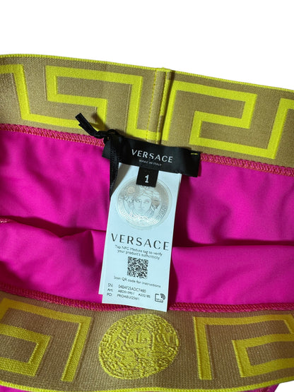 Slip bikini donna Versace fucsia con fascia Greca gialla/oro - Taglia 1 (XS) - Made in Italy