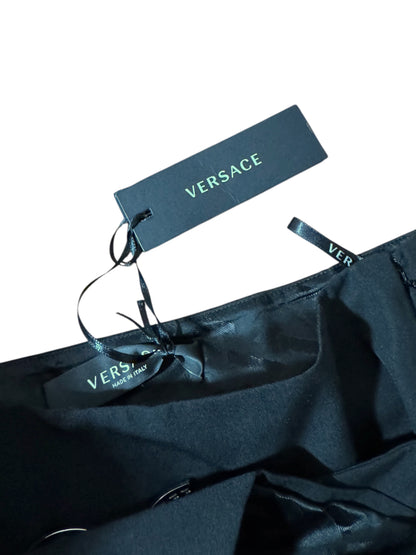 Gonna Versace nera con cintura Medusa in metallo, nuova con cartellino