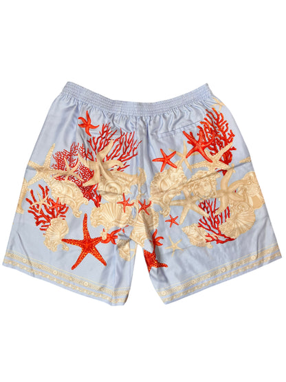 Shorts Versace in seta stampa marina azzurro, nuovi con cartellino