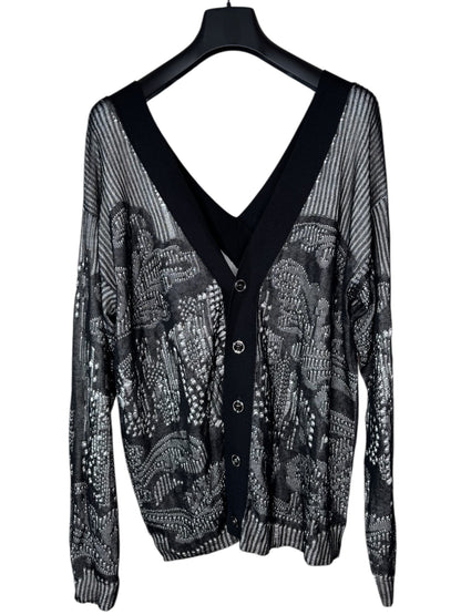 Cardigan Versace nero in cotone traforato lavorazione a punti caduti