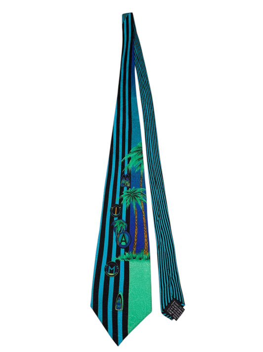 Cravatta Gianni Versace vintage in seta fantasia palme e righe