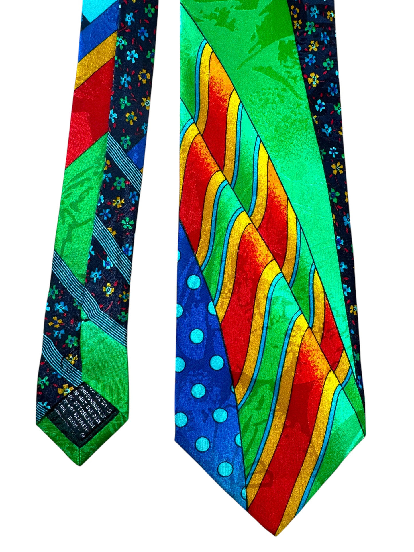 Cravatta vintage Gianni Versace 100% seta – patchwork floreale multicolor su sfondo nero e verde